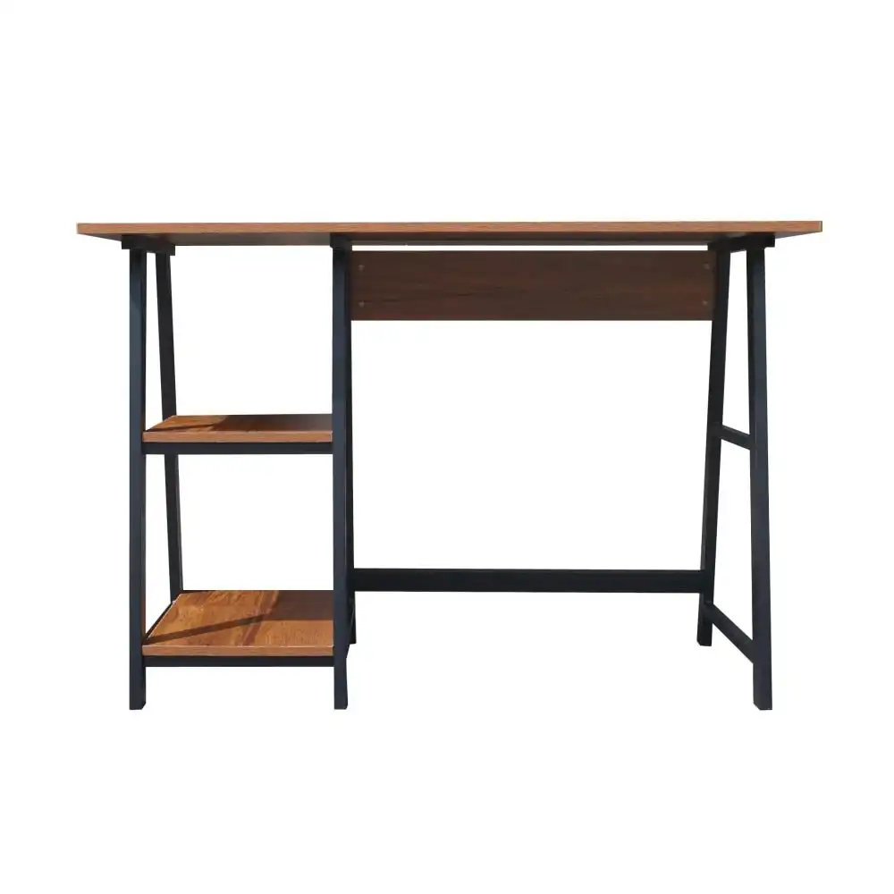 Design Square Office Study  Writing Computer Desk Metal Frame W/ 2 Storage Shelves - Light Walnut