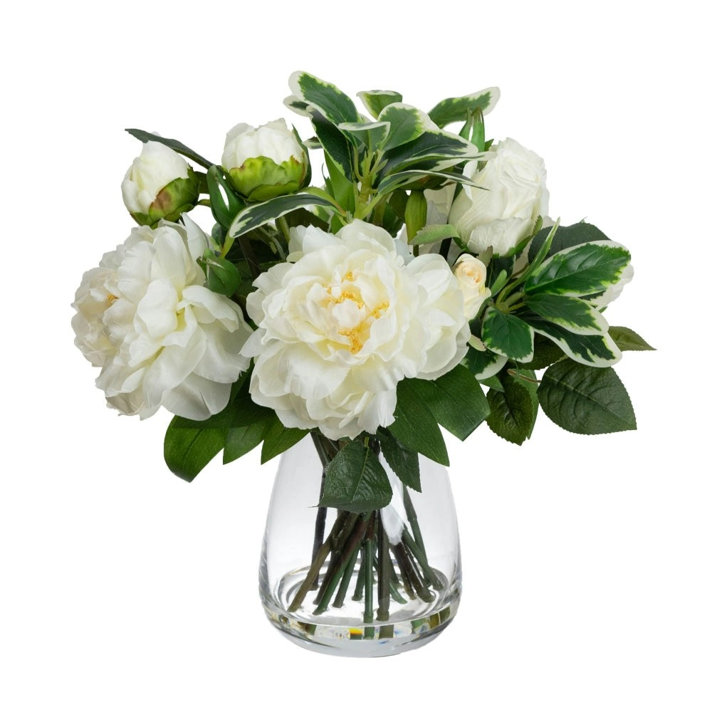 Glamorous Fusion White Peony & Rose Artificial Faux Plant Flower Decorative Mixed Arrangement 36cm In Glass