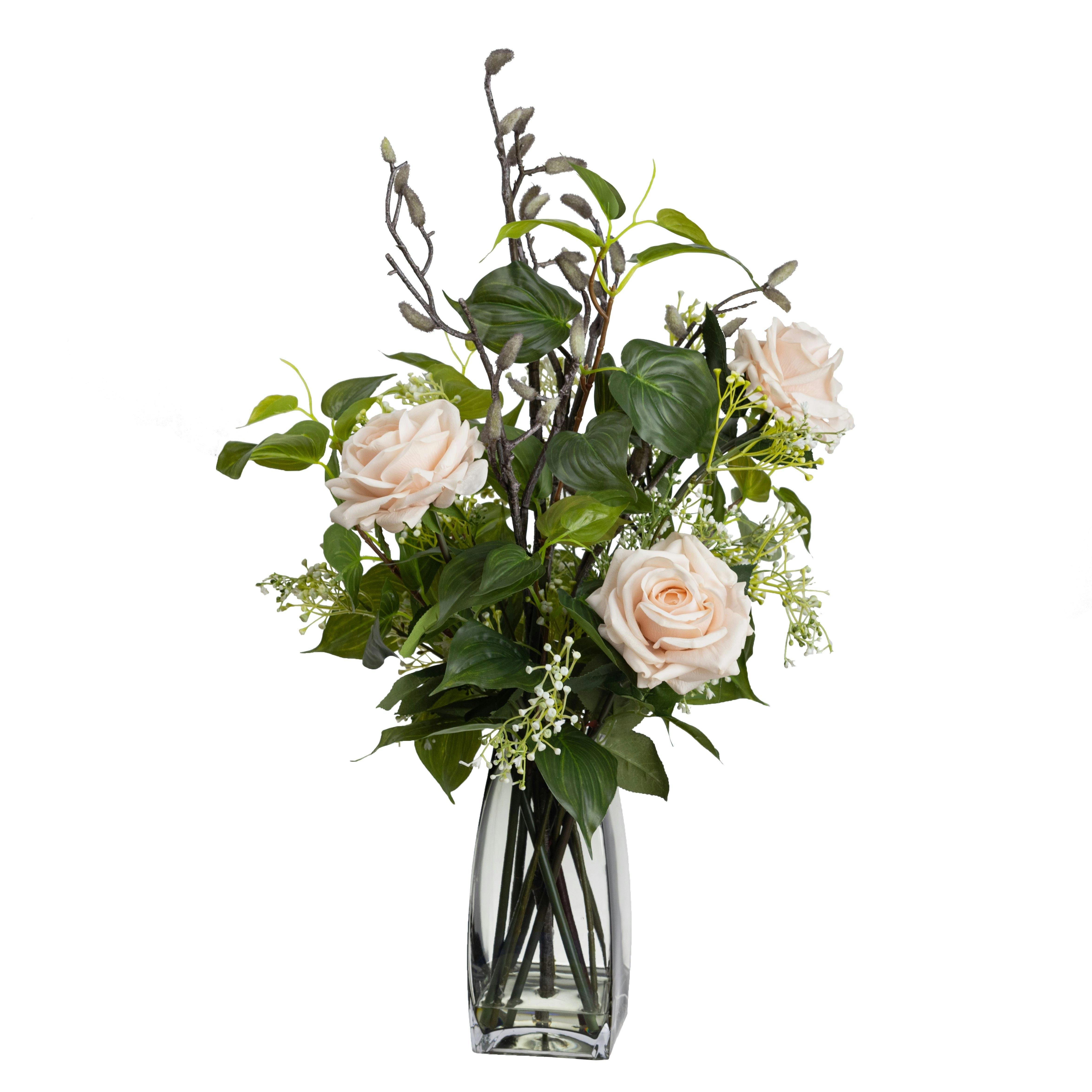 Glamorous Fusion Rose Arrangement Artificial Fake Plant Decorative 70cm In Glass - White