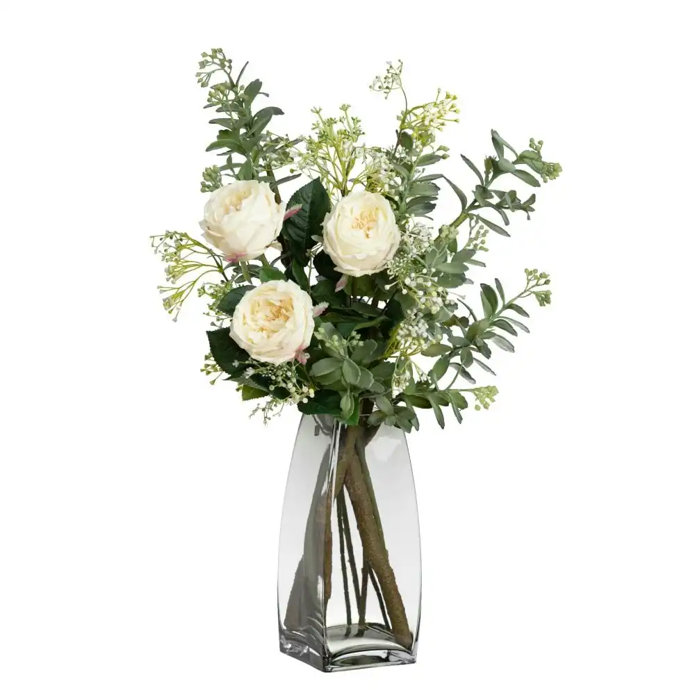 Glamorous Fusion Rose Arrangement Artificial Fake Plant Decorative 70cm In Glass - White