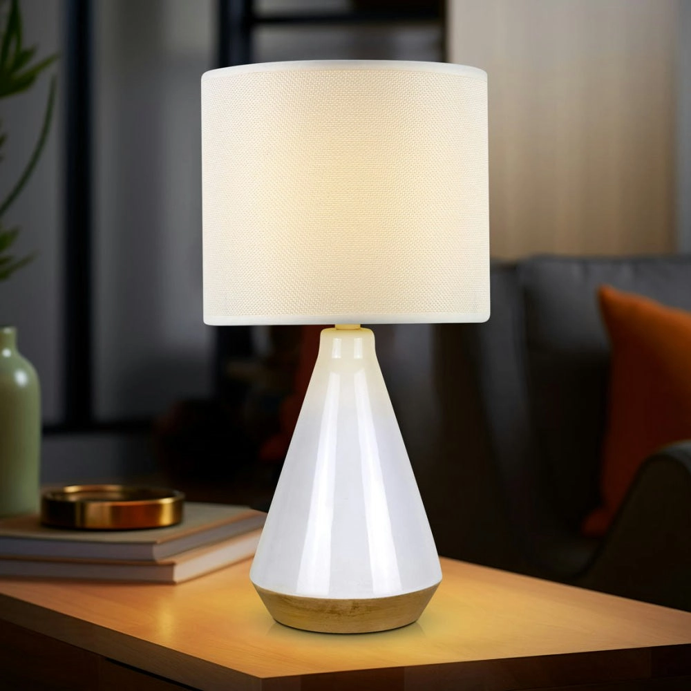 Brego Contemporary Modern Tapered Ceramic Table Lamp Light Triangle Base Linen Drum Shade - White