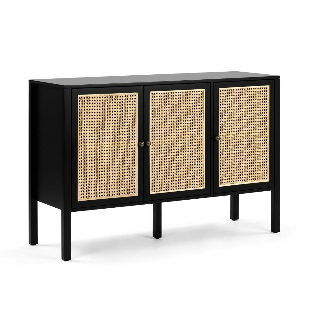 Design Square Lucien Sideboard Buffet Unit Storage Cabinet W/ 3-Doors - Black/Rattan