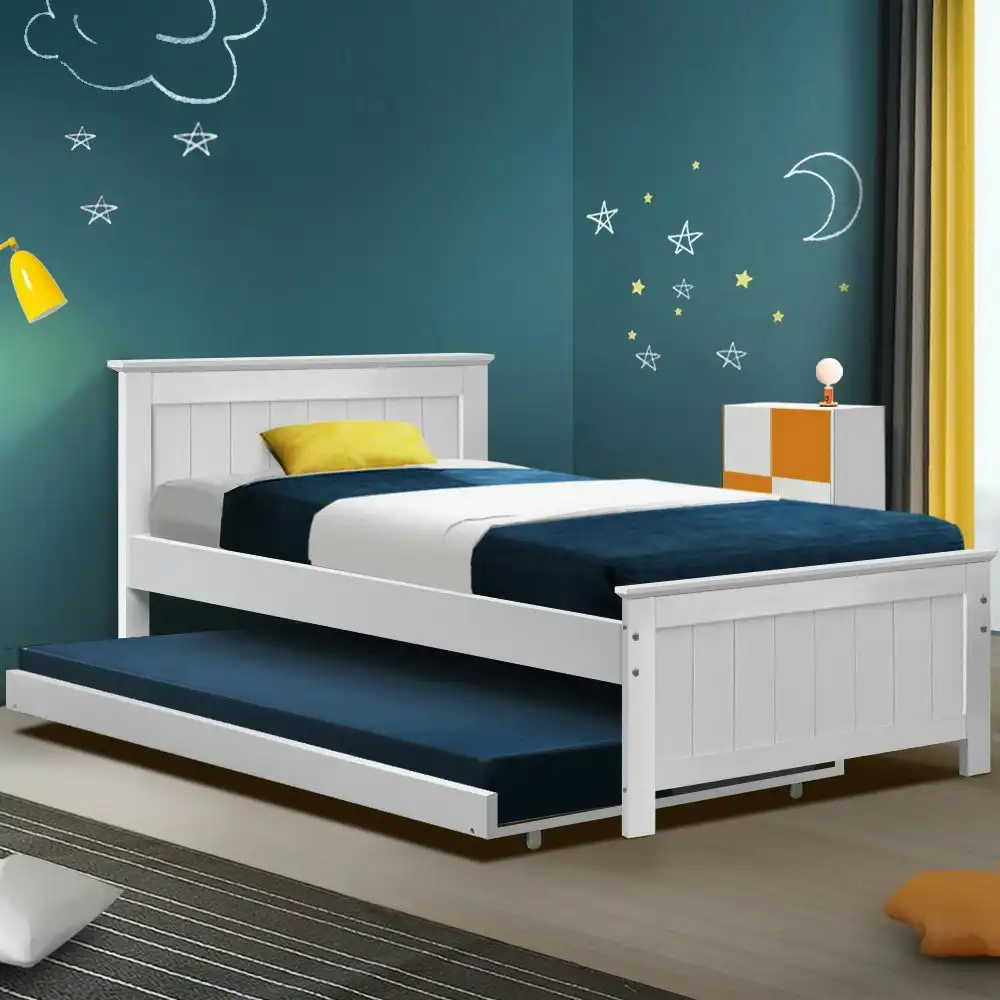 Artiss Bed Frame King Single Size Wooden Trundle Daybed White ELVIS