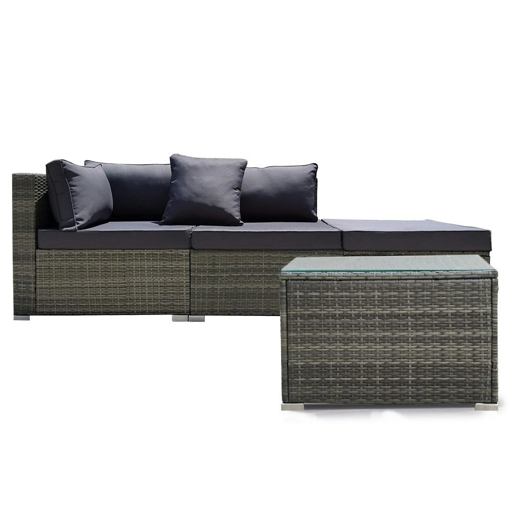 London Rattan 4 Piece 3 Seater Modular Outdoor Lounge Setting incl. Coffee Table, Ottoman, Grey