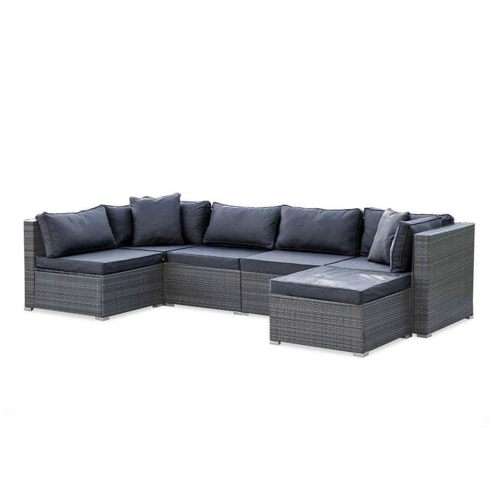 London Rattan 6 Seater Modular Outdoor Lounge Setting with Ottoman, Grey