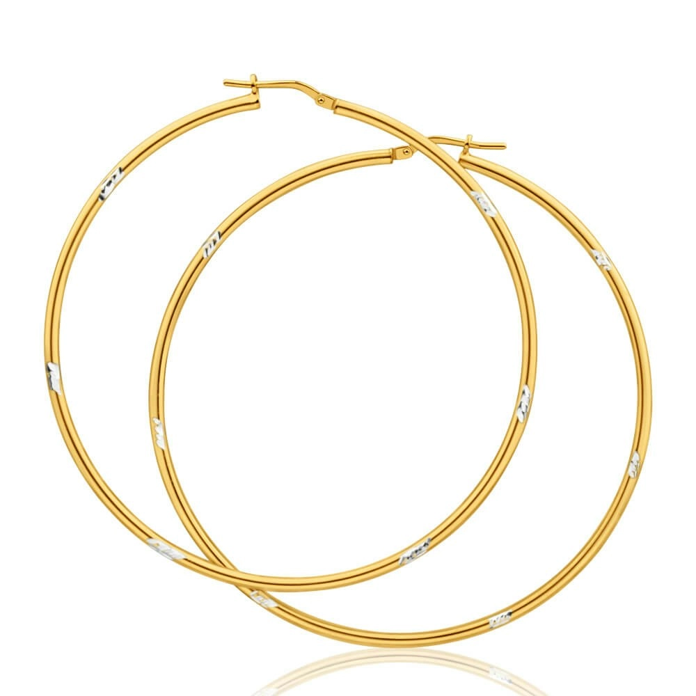 9ct Yellow Gold Silver Filled 60mm Hoop Earrings with white cut features