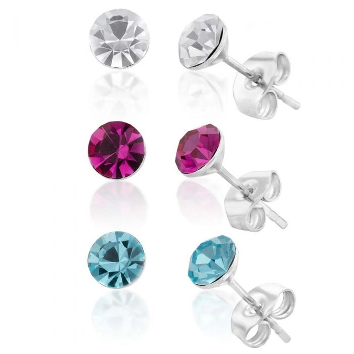 Stainless Steel Crystal Studs Set of 3 - White Aqua Fucshia