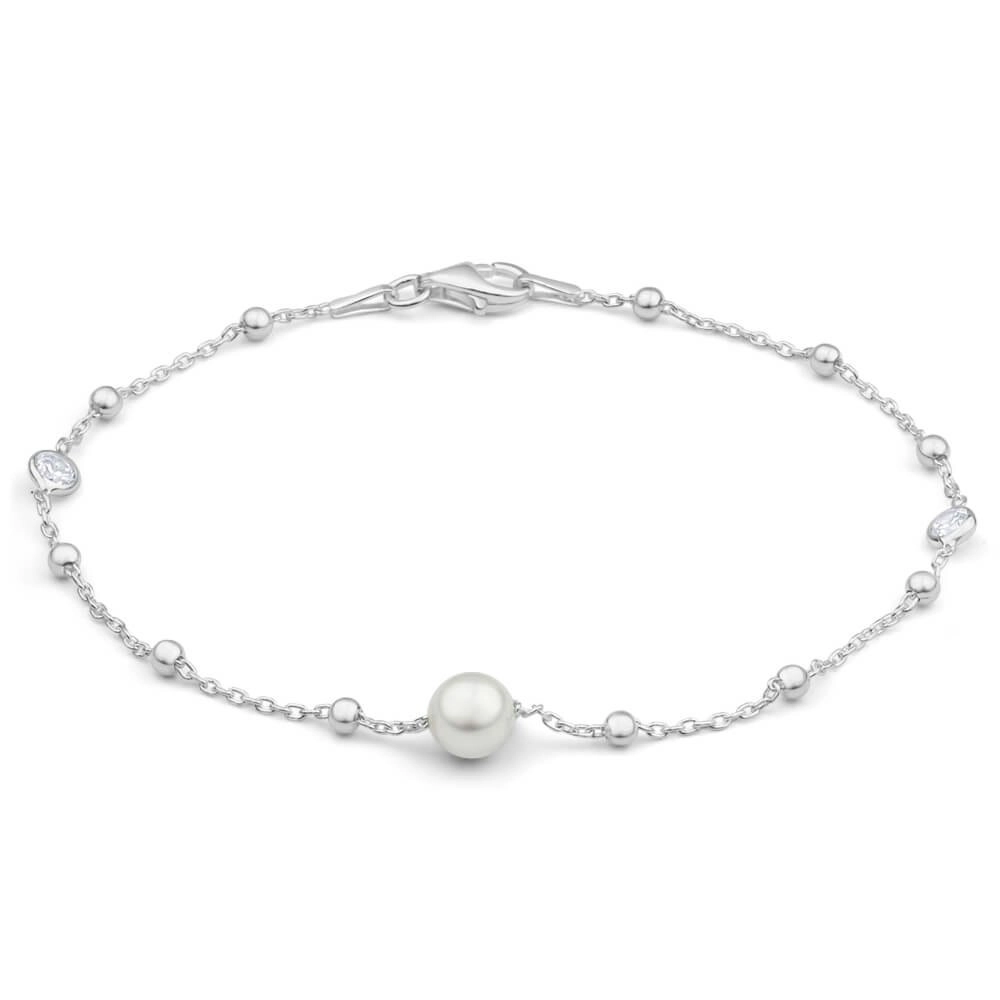 Sterling Silver Simulated Pearl + Zirconia Fancy Bracelet 19cm