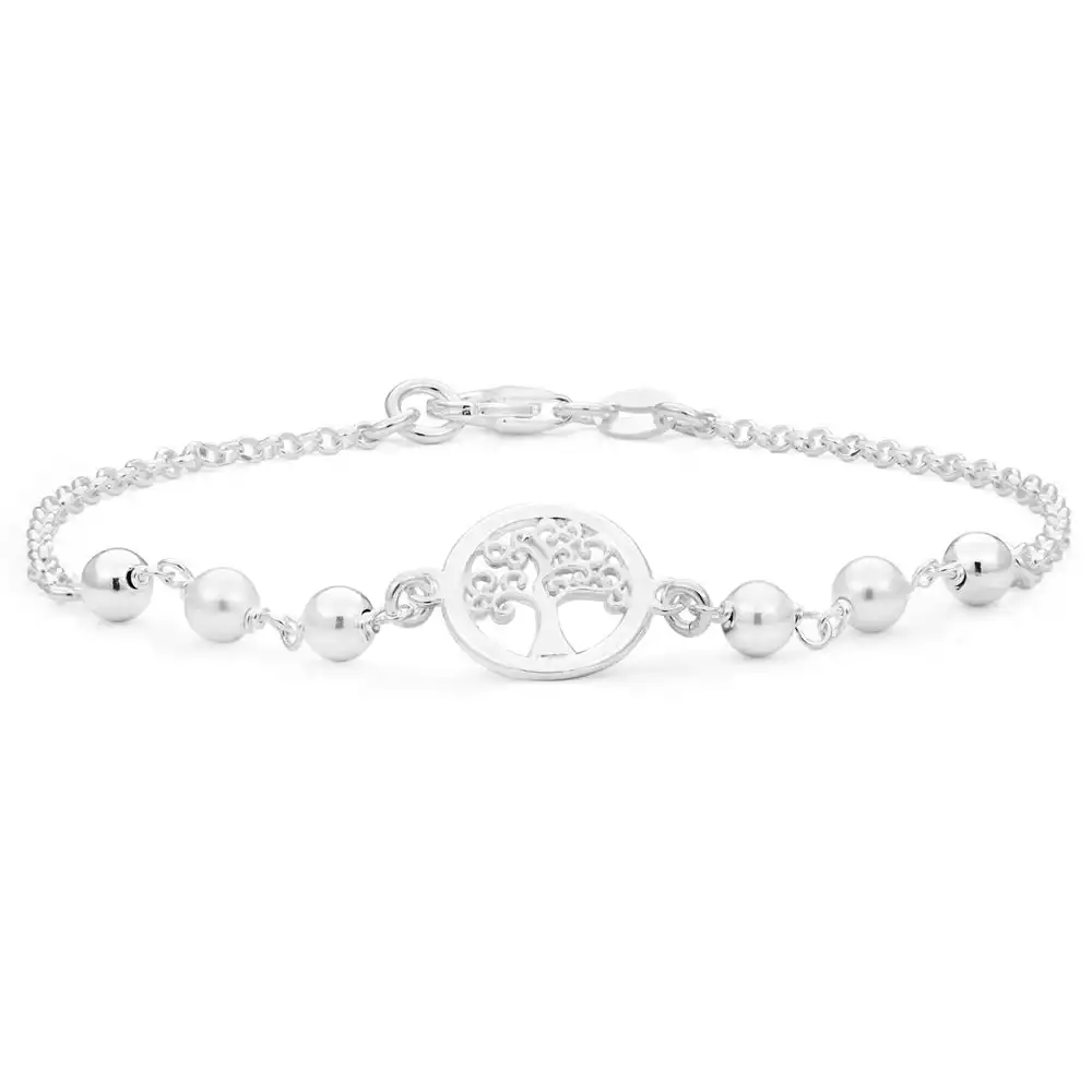 Sterling Silver Tree of Life and Simulated Pearl Fancy Bracelet 19cm