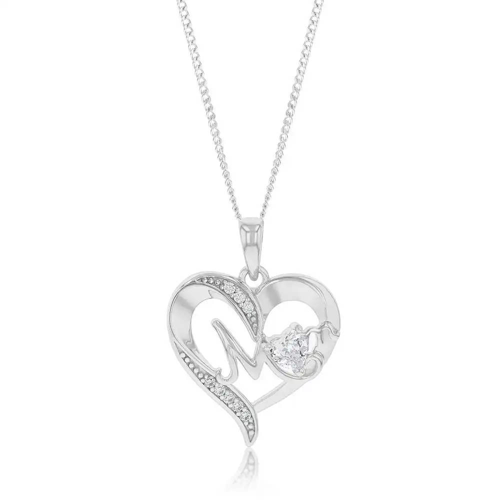 Sterling Silver Fancy Heart Mom With Cubic Zirconia Pendant