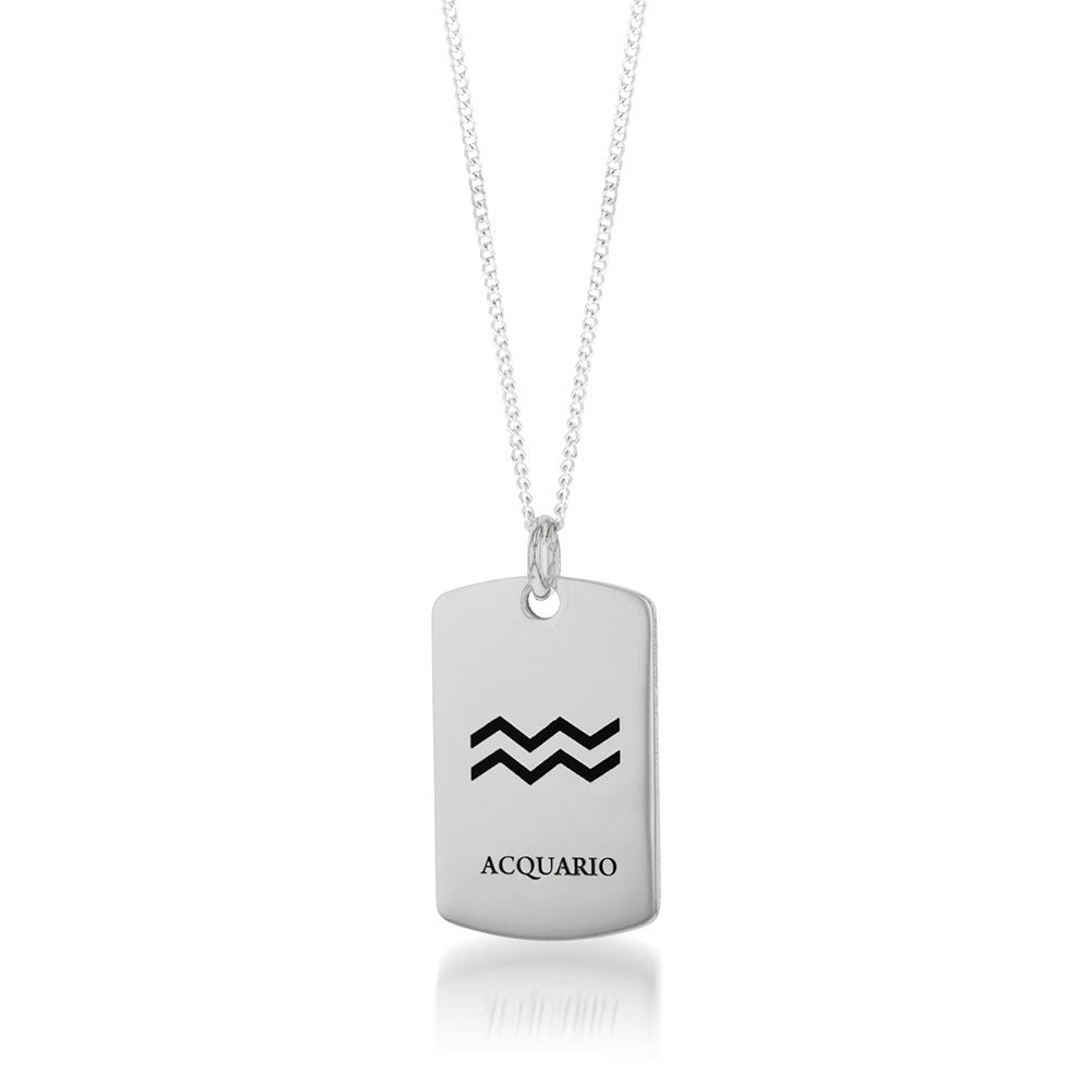 Sterling Silver Dog Tag With Aquarius Zodiac/Star Sign Pendant