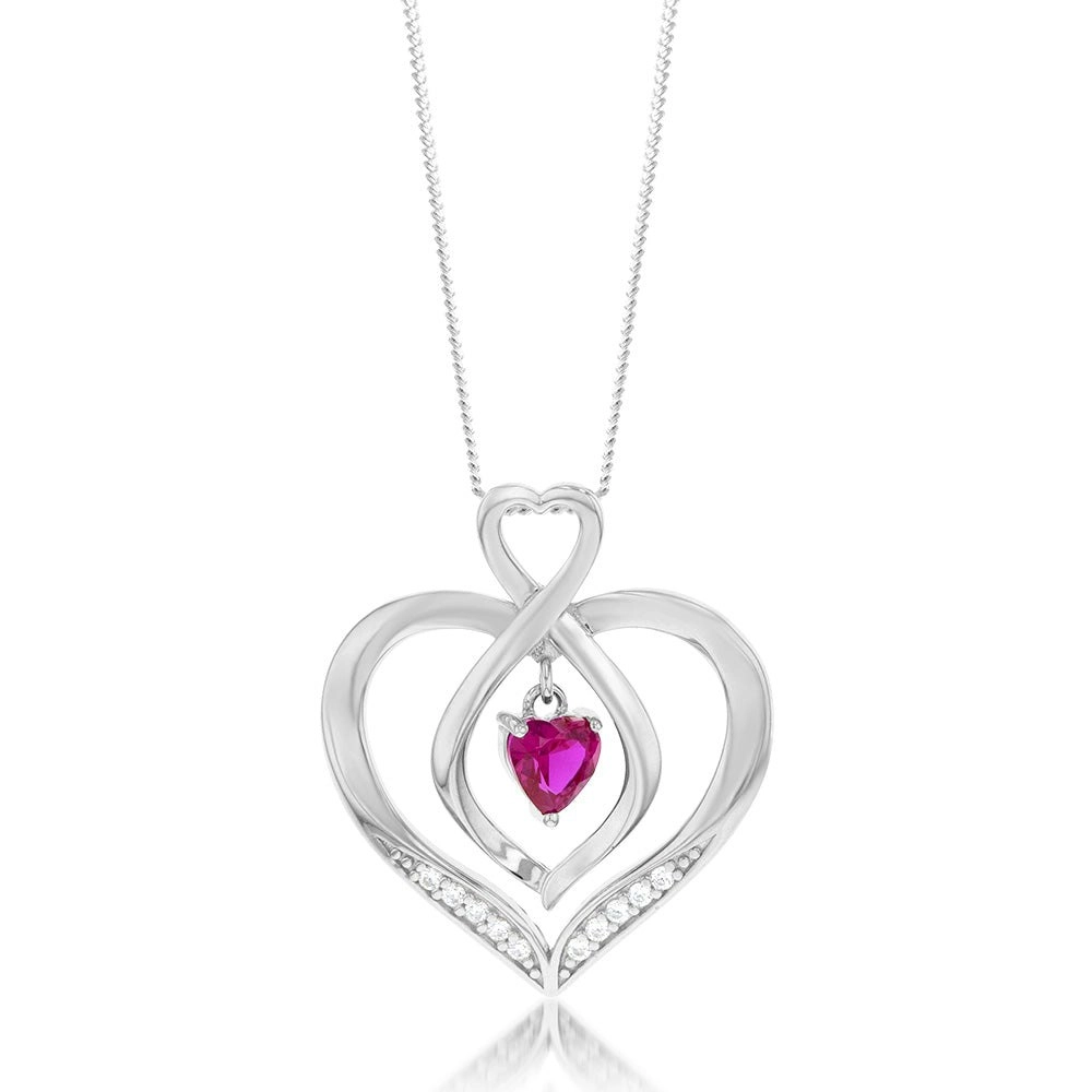 Sterling Silver Rhodium Plated White CZ And Created Ruby Infinity On Heart Pendant