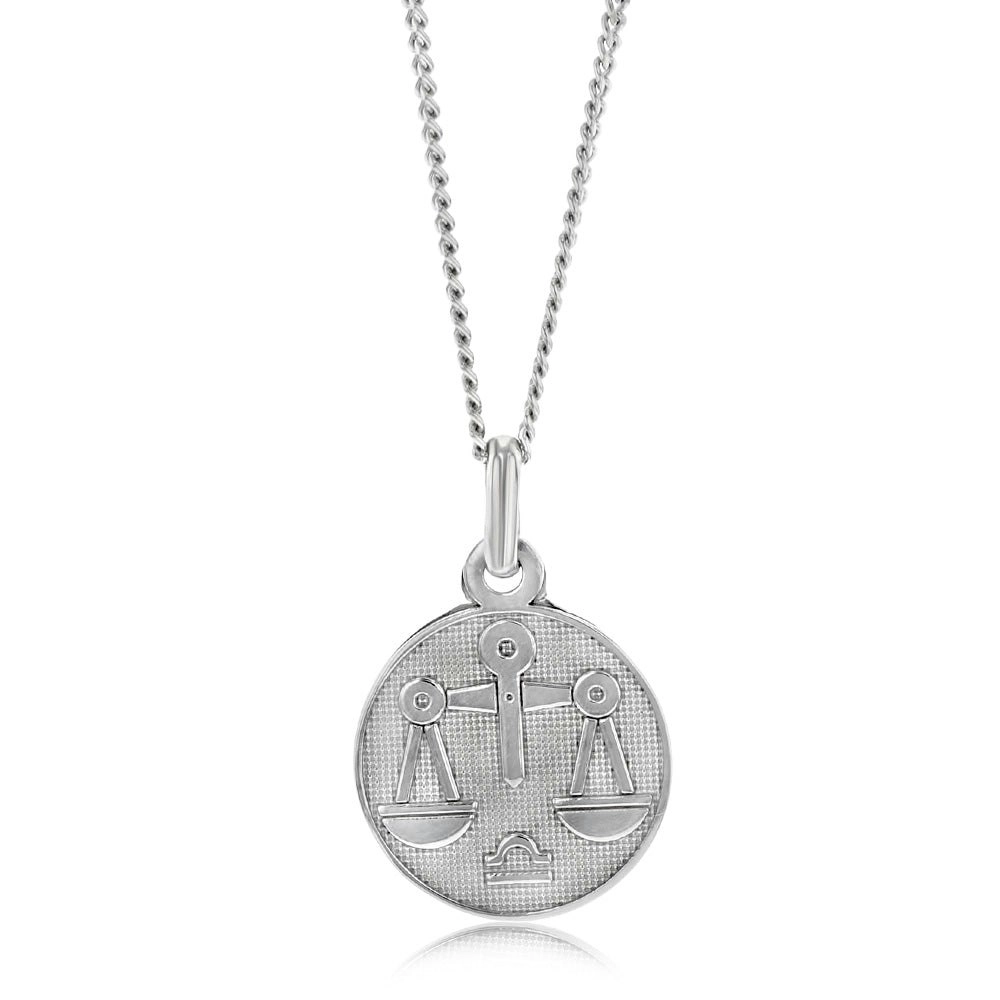 Sterling Silver Rhodium Plated Round Zodiac Libra Pendant