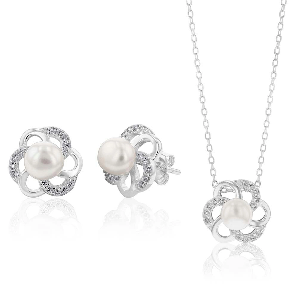 Sterling Silver Boxed Freshwater Pearl and Zirconia Flower Set with 45cm Chain