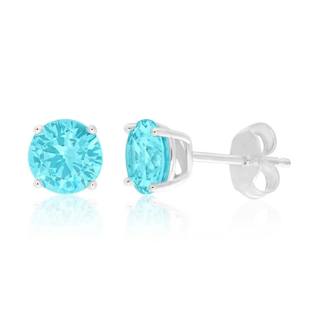 Sterling Silver Cubic Zirconia Light Aqua Stud Earrings