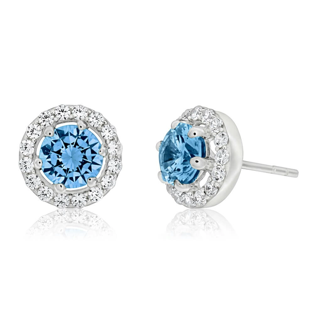 Sterling Silver Aqua Cubic Zirconia + White Cubic Zirconia Stud Earrings