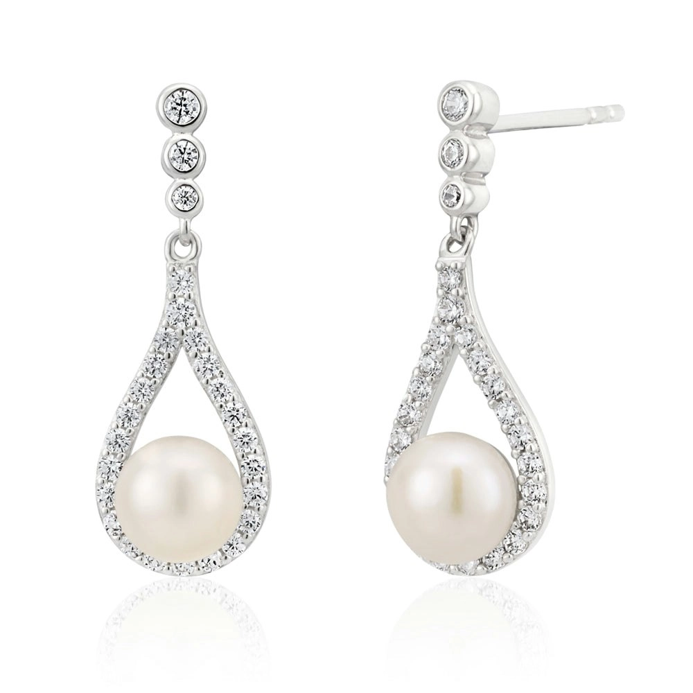 Sterling Silver Rhodium Plated Freshwater Pearl and Zirconia Teardrop Earrings