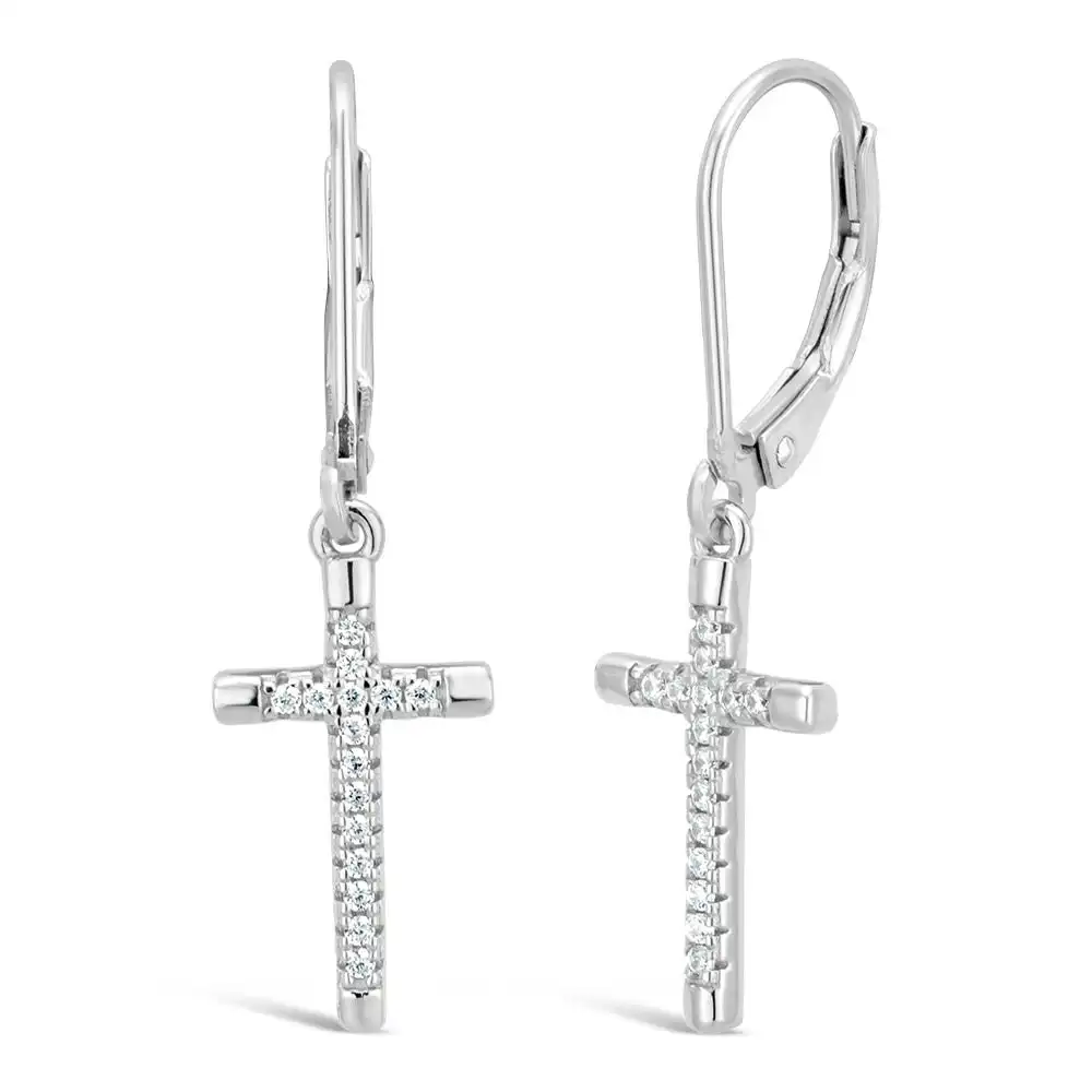 Sterling Silver Zirconia Cross Lever Back Earrings