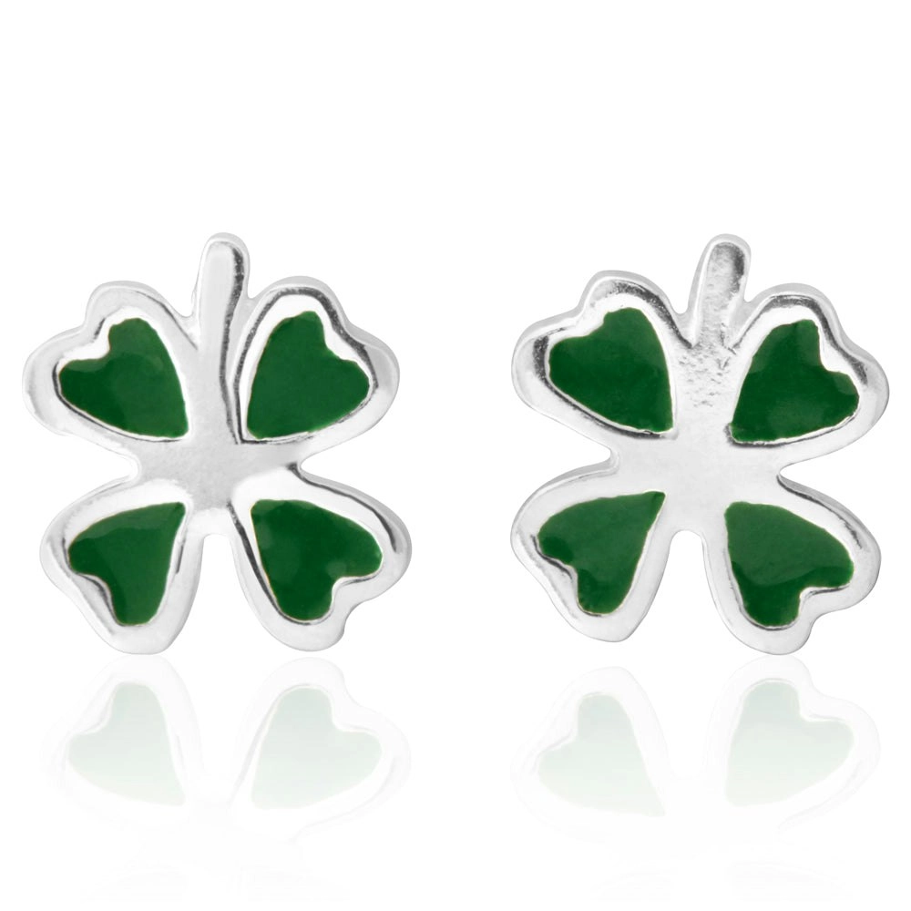 Sterling Silver 4 Leaf Heart Clover Green Stud Earrings