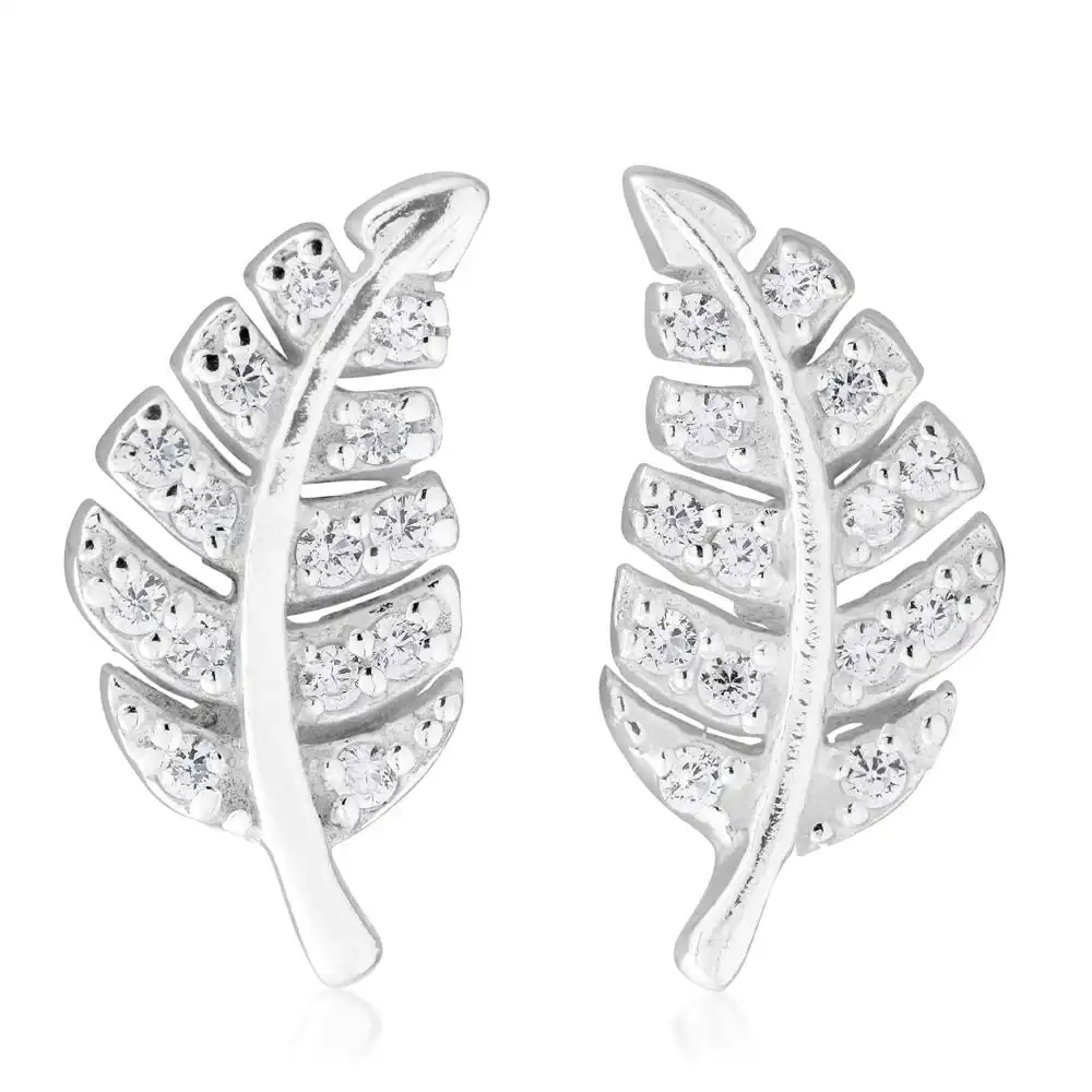 Sterling Silver Zirconia Leaf Stud Earrings