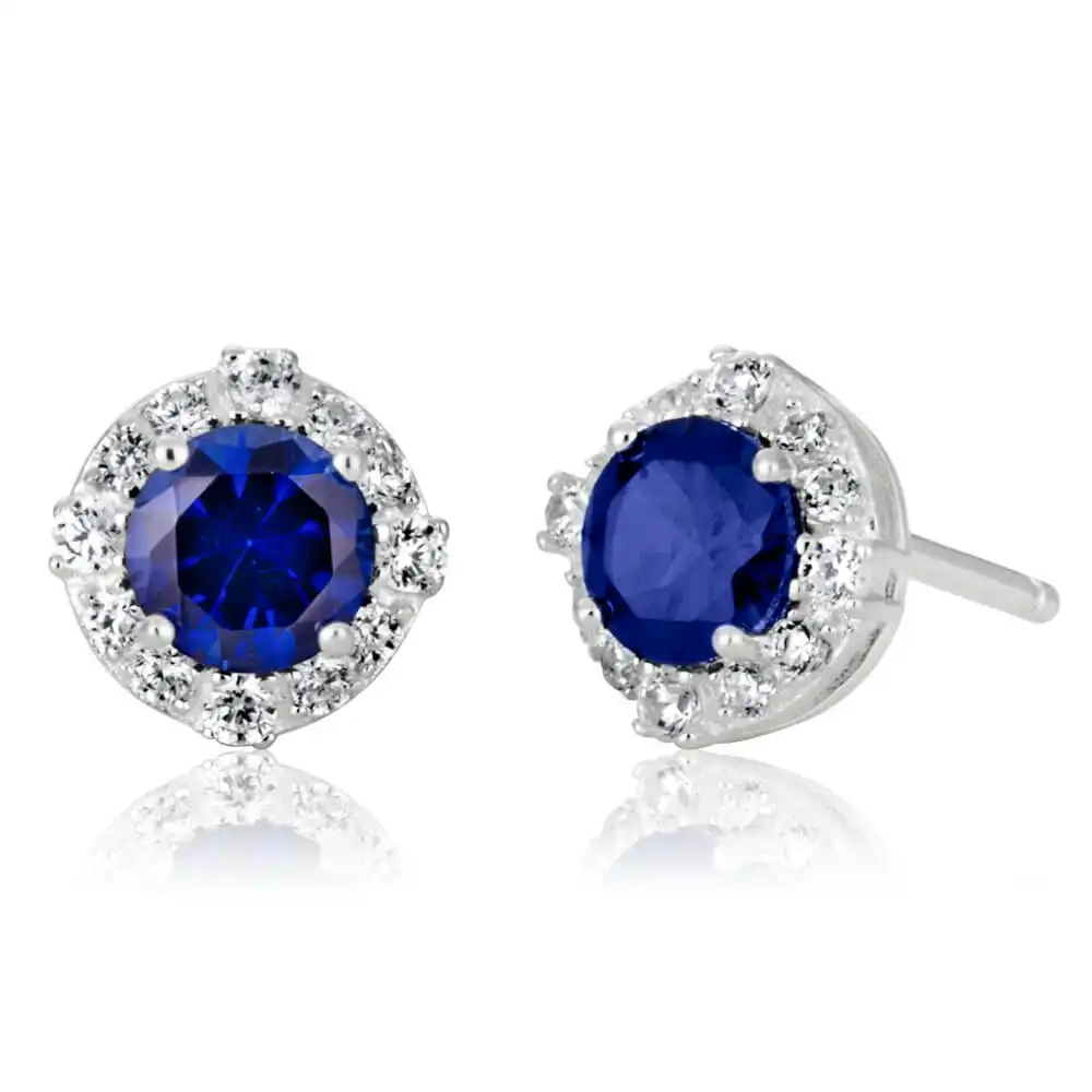 Sterling Silver Created Sapphire + Cubic Zirconia Halo Earrings