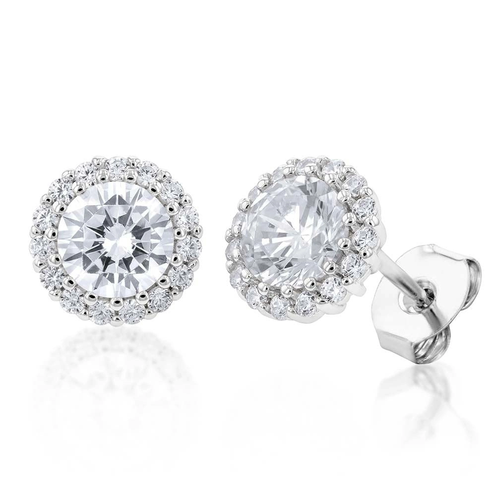 Sterling Silver White Cubic Zirconia Halo 8mm Stud Earrings