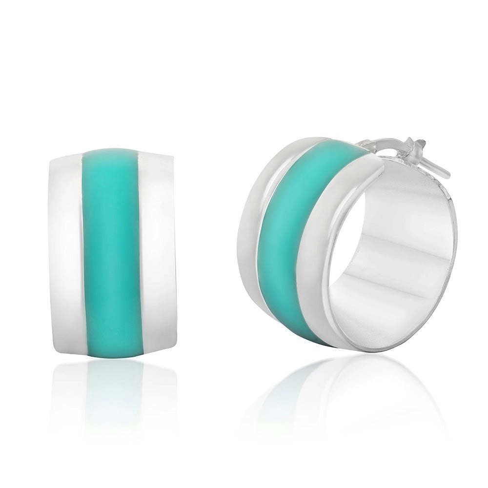 Sterling Silver Aqua Enamel On Wide Hoop Earrings