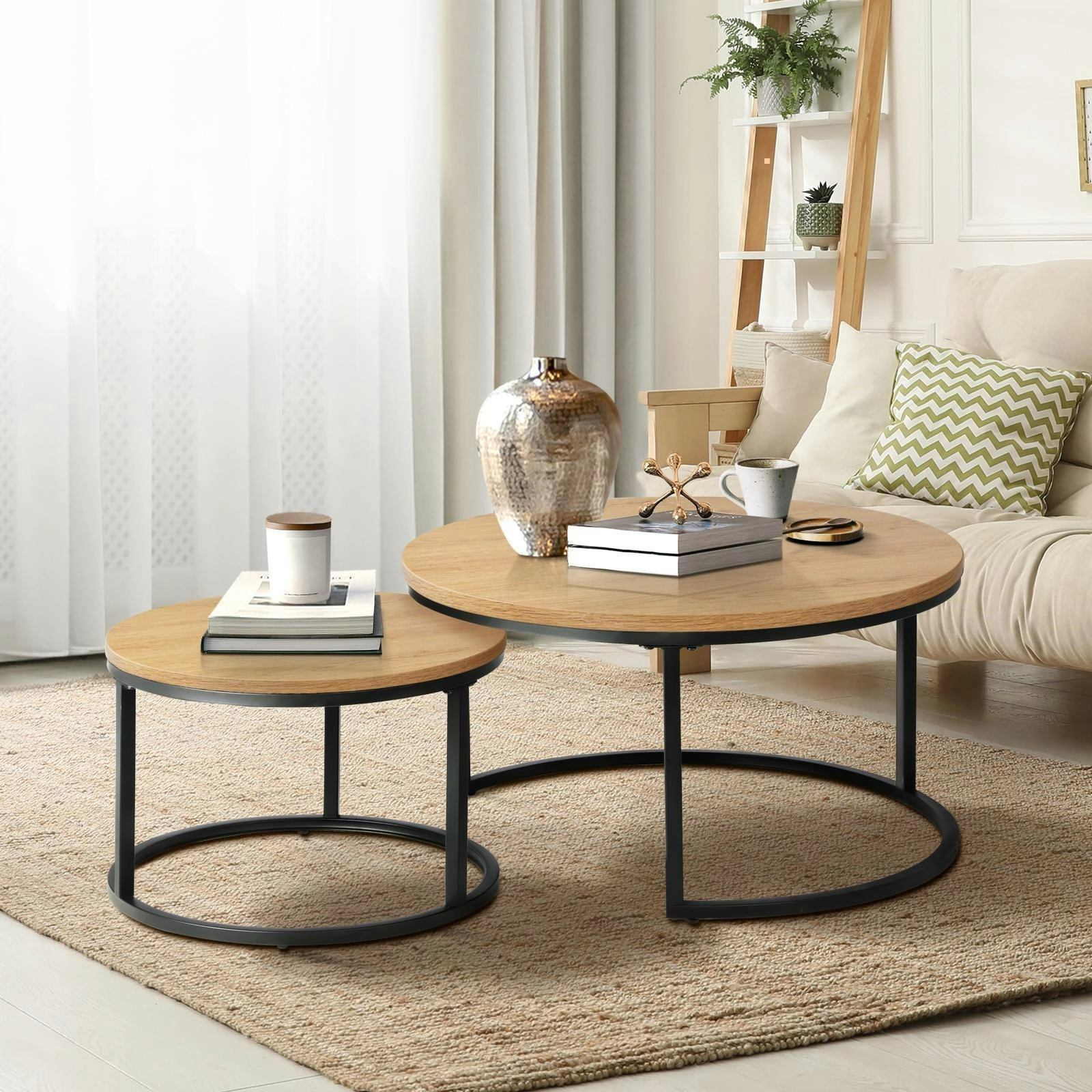 Oikiture Set of 2 Coffee Table Round Nesting Side End Table Natural