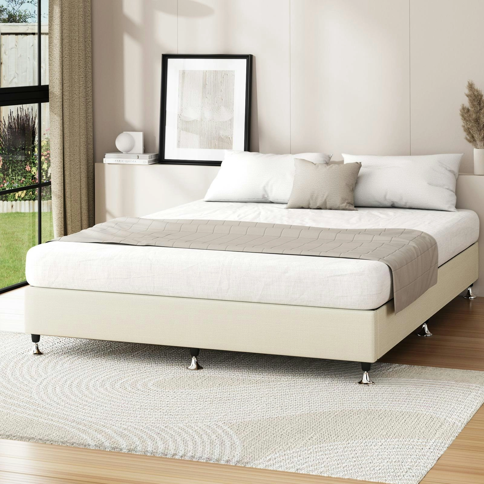 Oikiture Bed Frame Double Size Bed Base Platform Beige