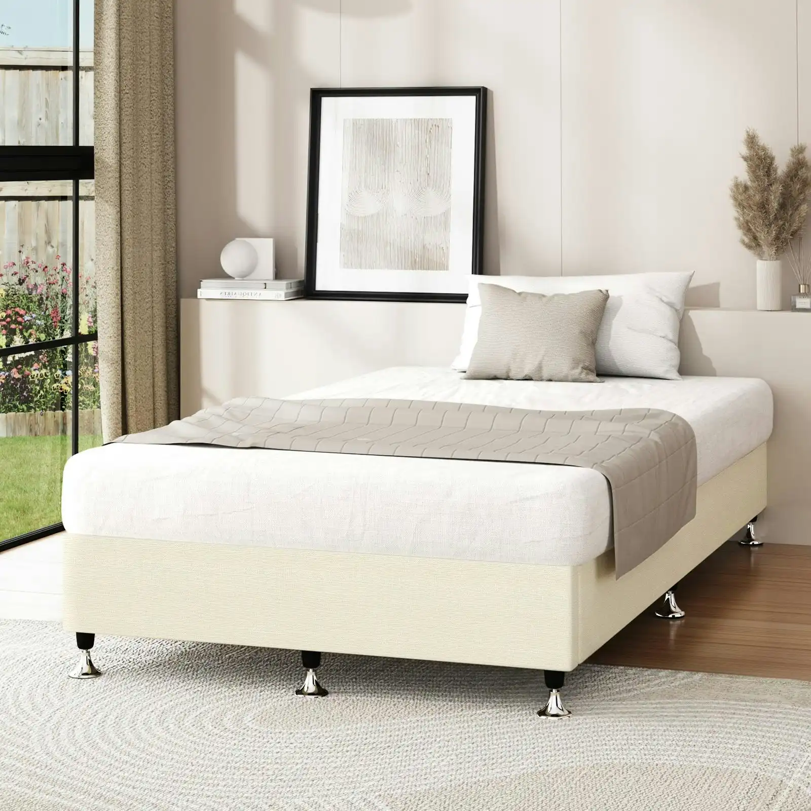 Oikiture Bed Frame King Single Bed Base Platform Beige