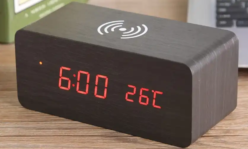 Wooden Alarm Clock with Wireless Charging Pad