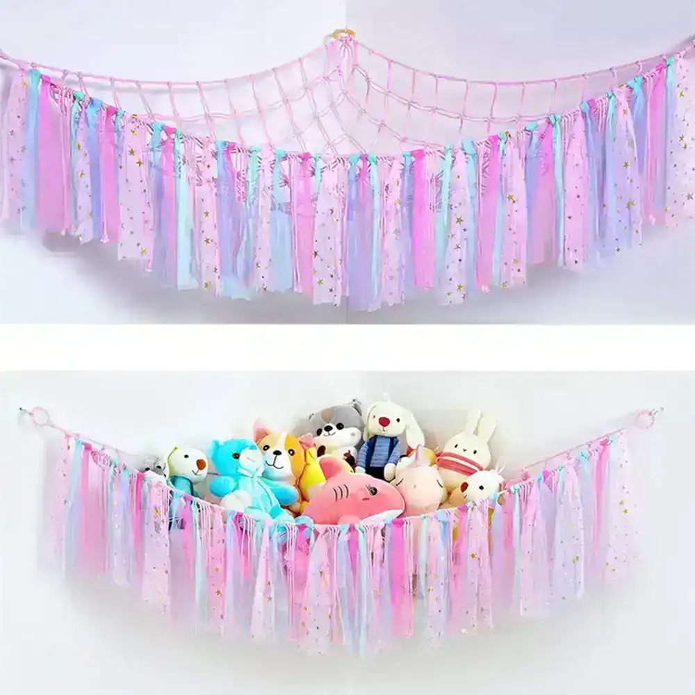 Ribbon Stuffed Animal Hammock Wall Corner Hanging Storage Organizer Net Hammock