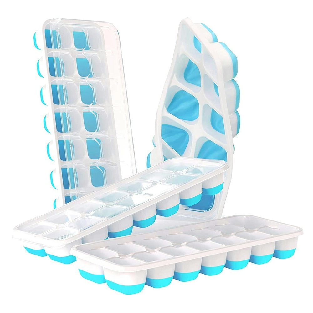 4 Pack Silicone & Flexible 14-Ice Cube Trays With Spill-Resistant Removable Lid