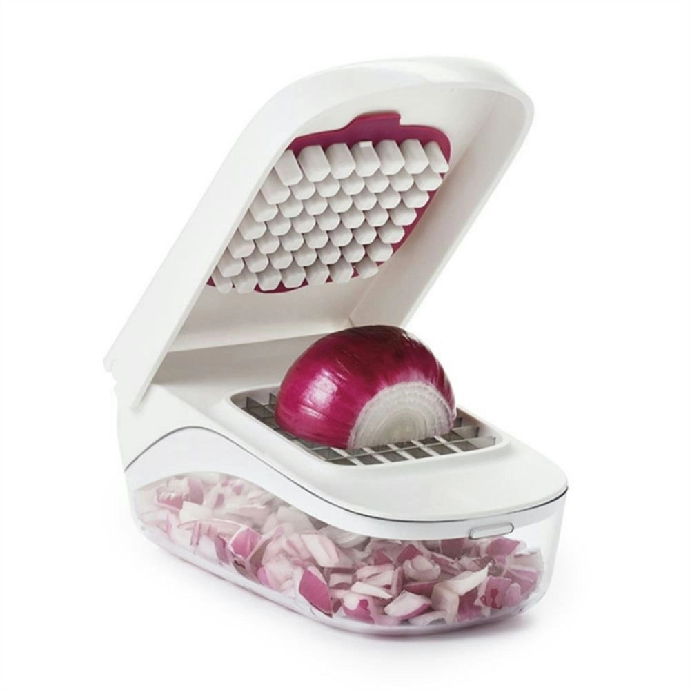 Vegetable and onion chopper with easy pour opening