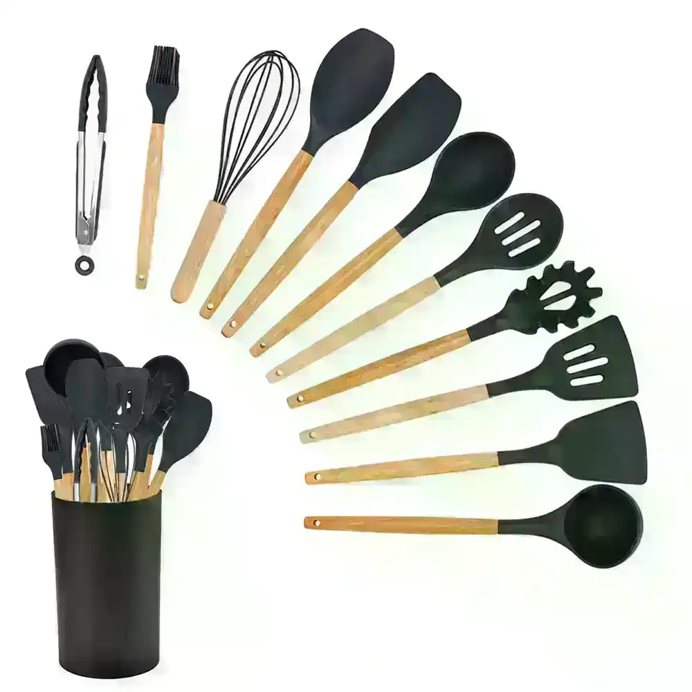 Set of 12 Silicone Utensils Set Wooden Cooking Kitchen Baking Cookware