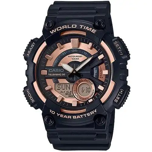 Casio AEQ-110W-1A3V Black Rose Gold Quartz Analog Digital Mens Watch