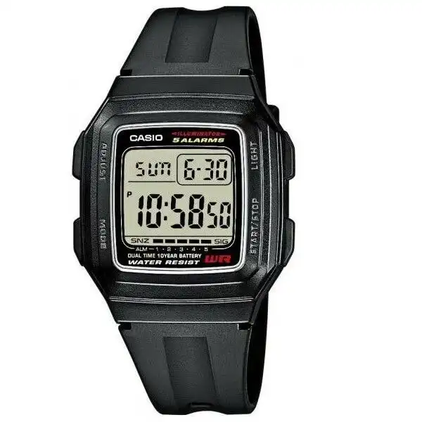 Casio F-201WA-1A Black Silver Illuminator Dual Time Multi-function Digital Watch