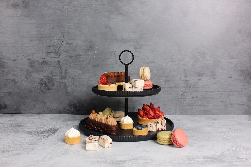 Gabel & Teller Matte Black Ceramic 2 Tier Serving Platter with Matte Black Stainless Steel Handle Top Tier: 20cm, Bottom Tier: 28cm