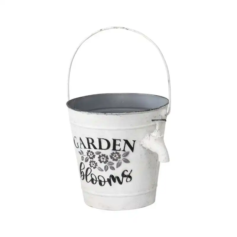 Willow & Silk White 27cm 'Garden Blooms' Pot/Planter Bucket w/ Tap & Handle