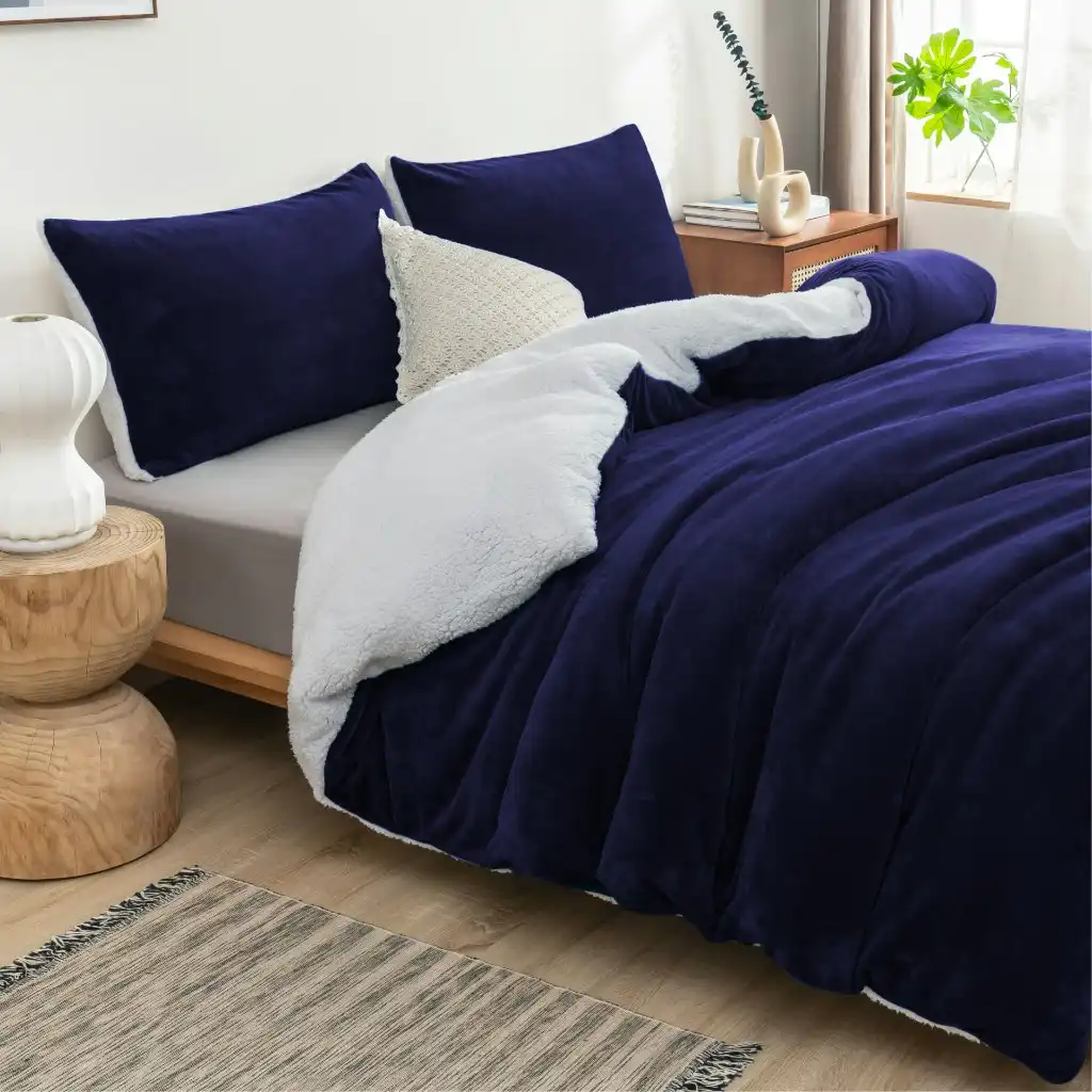 Luxor 2 in 1 Teddy Fleece Sherpa Duvet Cover Set and Blanket MidNight