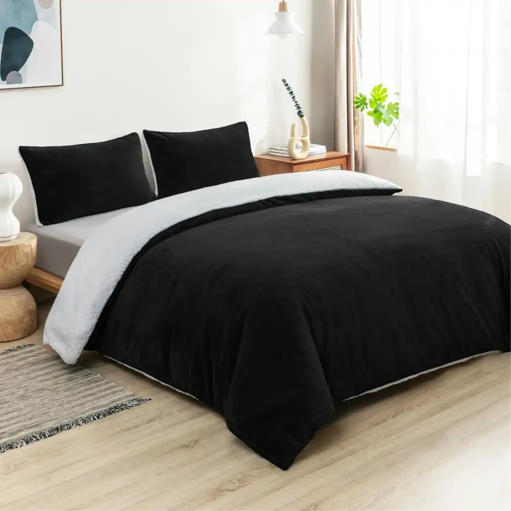 Luxor 2 in 1 Teddy Fleece Sherpa Duvet Cover Set and Blanket Black