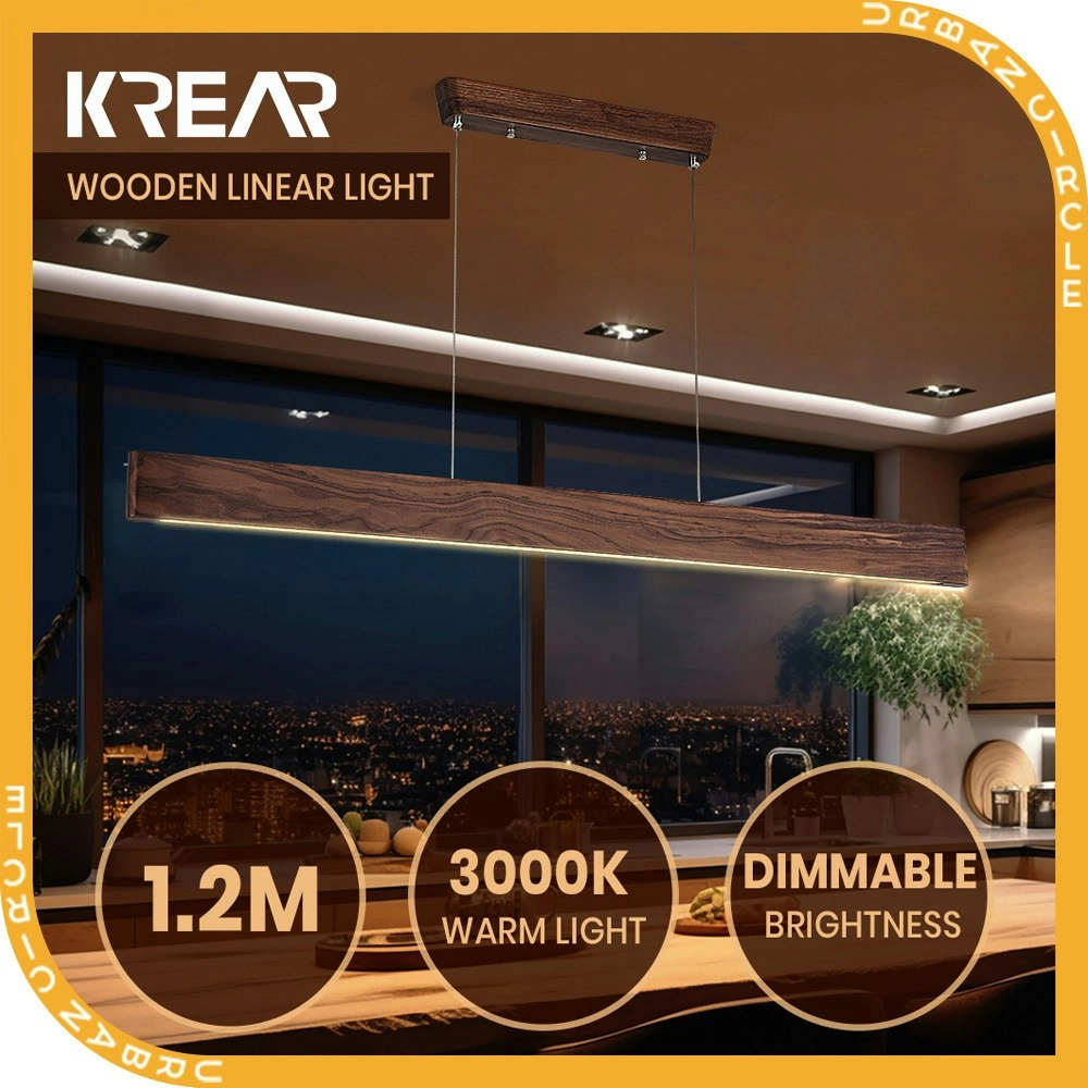 Krear 120CM Wooden Pendant Light Flat LED Strips Linear Lighting Dark Walnut