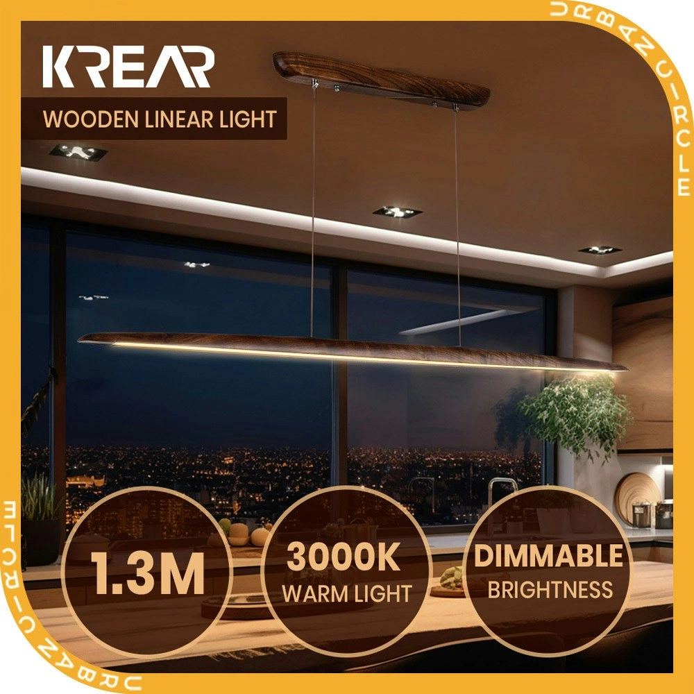 Krear 130CM Wooden Pendant Light Flat LED Strips Linear Lighting Dark Walnut