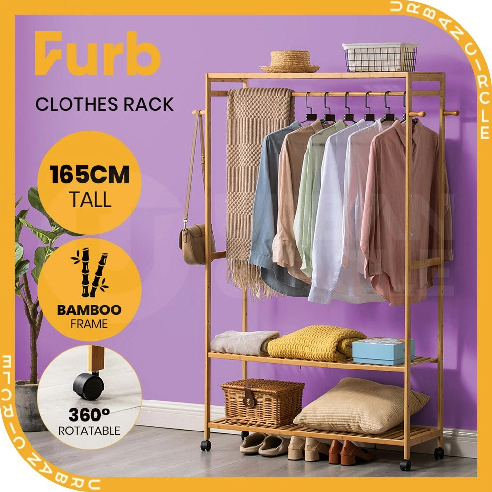 Furb Open Clothes Rack Bamboo Garment Coat Hanger Stand Shoes Storage Shelf Wheels Closet Organiser