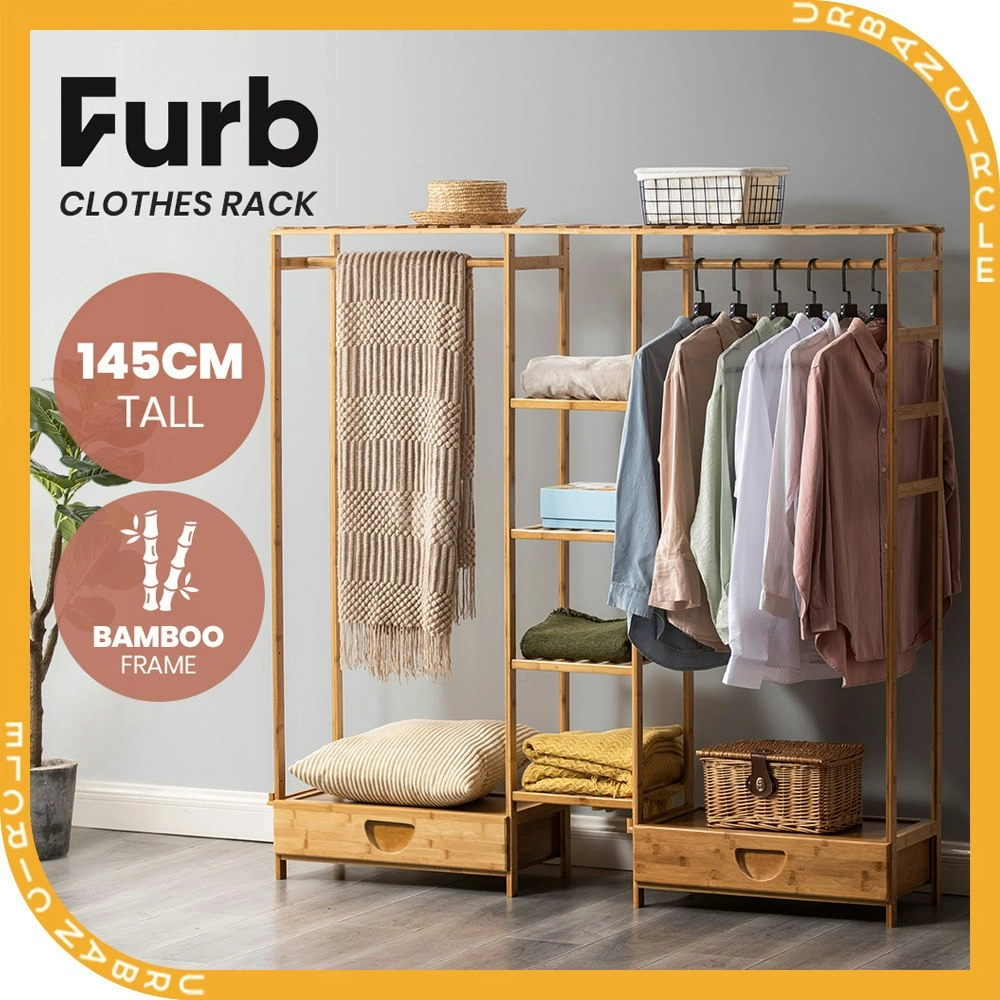 Furb Clothes Rack Open Wardrobe Bamboo Garment Coat Hanger Stand Closet Organiser Shoe Storage Shelf