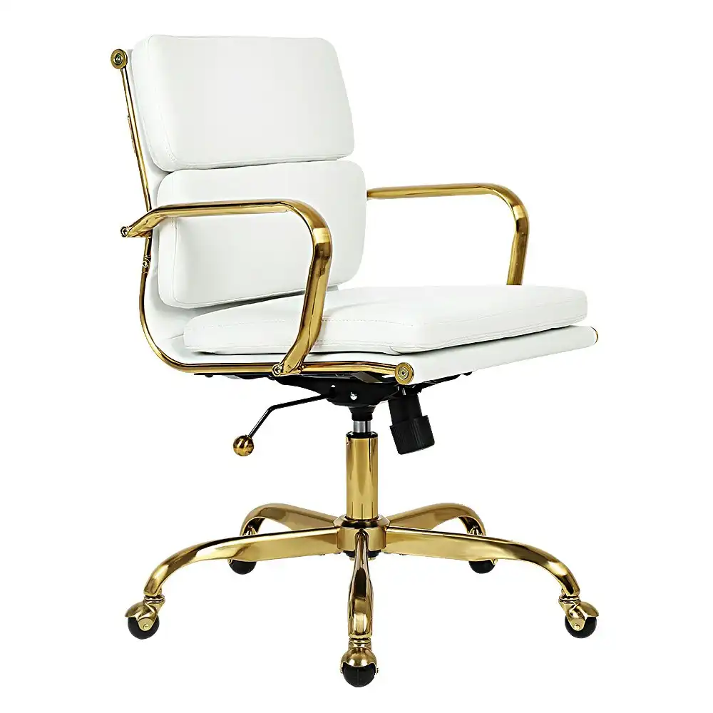 Furb Office Chair Executive Mid-Back Thick Padded PU Leather Work Study Eames Replica White