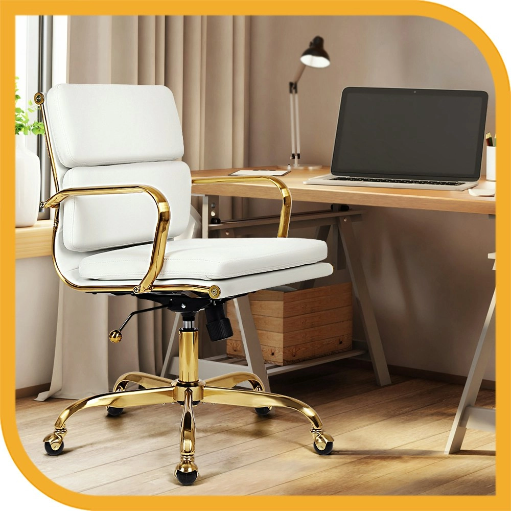 Furb Office Chair Executive Mid-Back Thick Padded PU Leather Work Study Eames Replica White