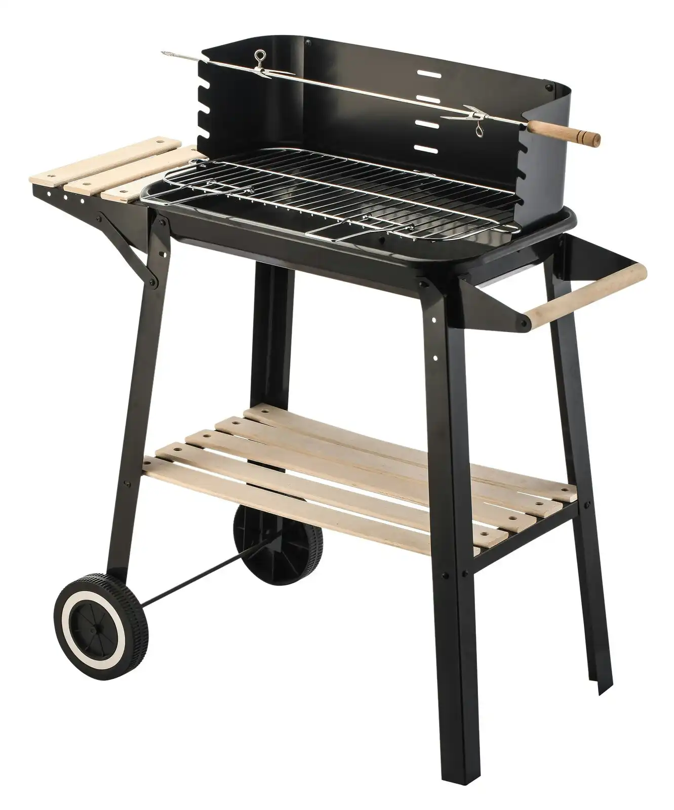 Charcoal Grill BBQ with Manual Rotisserie Stick on Trolley Stand