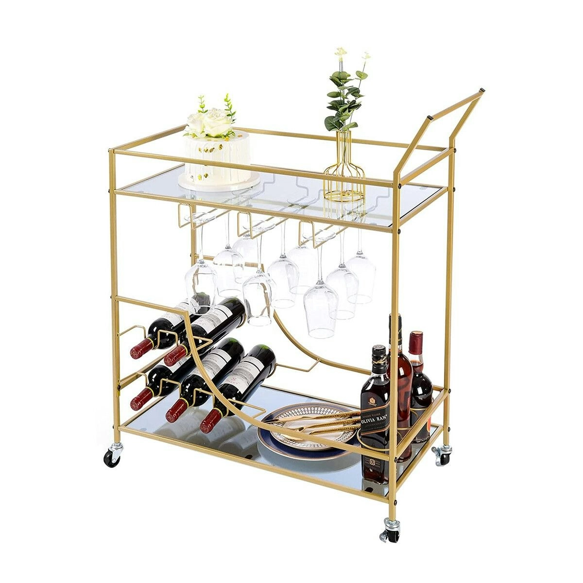 Ausway Gold Bar Cart Drinks Trolley Wine Coffee Tea Kitchen Serving Rack Wine Hooks Holders Rack Curtain Wall Mirror Shelves