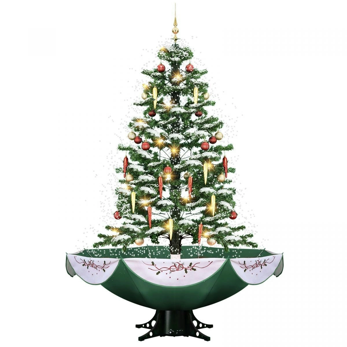 Solight Snowing Christmas Tree Green Artificial Xmas Topper LED String Fairy Lights Decoration Ball Musical Snow Ornament Umbrella Stand 140cm